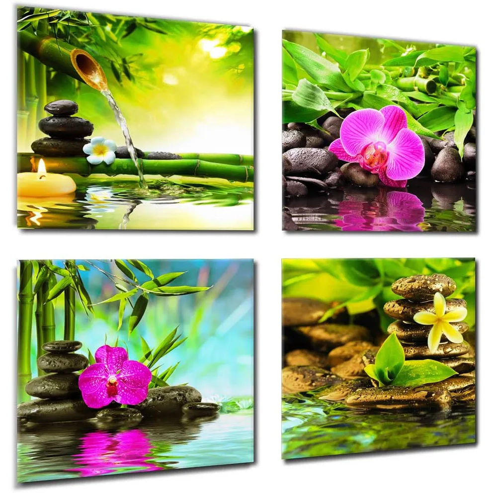 

4 Pieces Spa Zen Stone Bamboo Flowers Bathroom Posters Canvas Wall Art Pictures Home Decor Paintings for Living Room Decorations