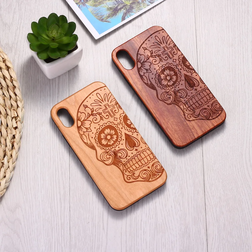 Vintage Floral Engraved Wood Phone Case Mexican skull  For iPhone15 14 14ProMax 14Plus 13Promax 13 12 11