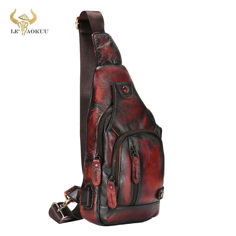 

New Hot Sale Real Genuine Leather Retro Sling Chest Bag 8" Tablet Design One Shoulder Strap Cross-body Bag For Men Male 8066