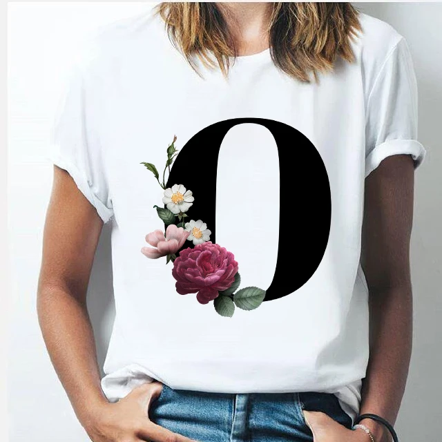 26 alphabet letter women T-shirt Girl A To Z Alphabet combination flowers Short Sleeve casual Korean Style Tops,Drop Ship