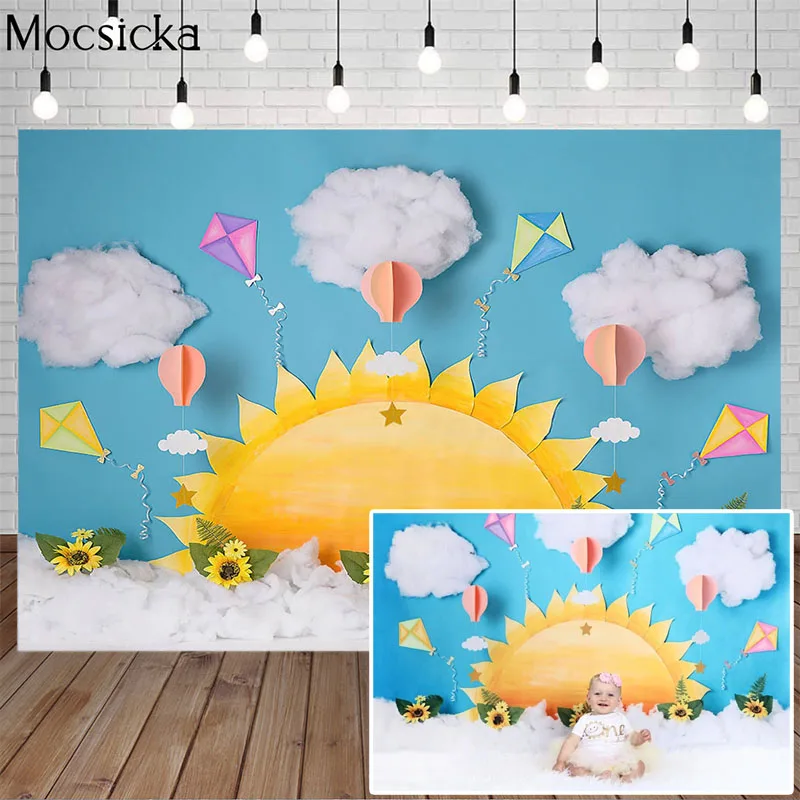 Mocsicka Birthday Backdrop Sun Paper Clouds Kite Newborn Baby Child Portrait Photography Background Decorative Prop Photo Studio