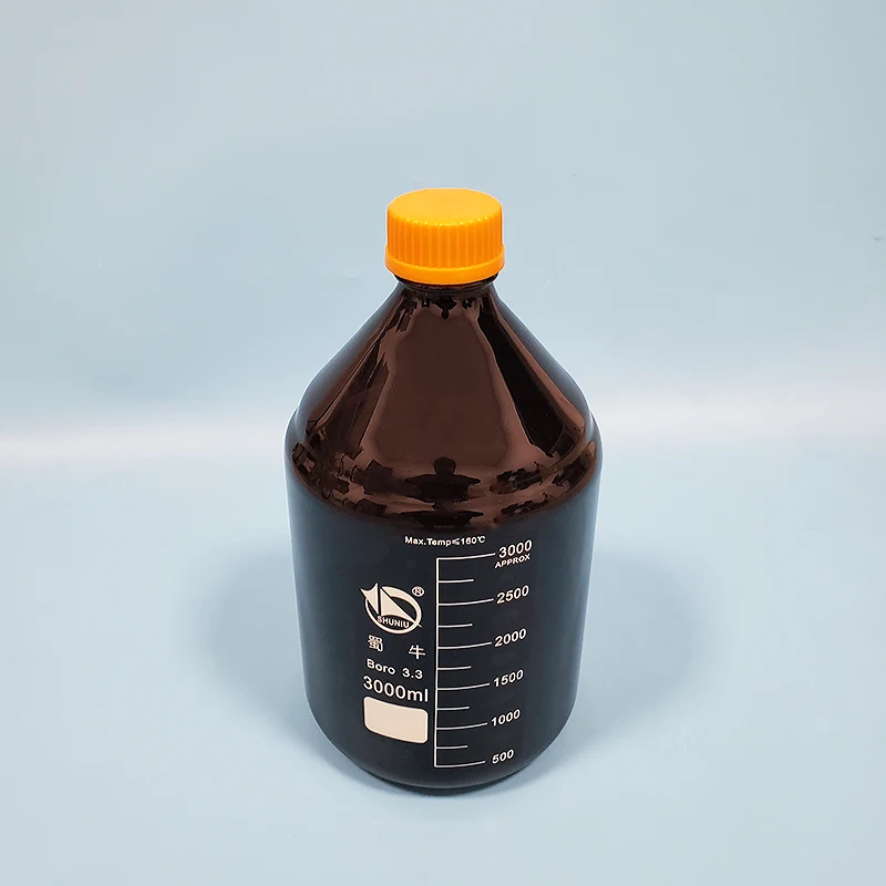 

Brown reagent bottle,With yellow screw cover,Borosilicate glass 3.3,Capacity 3000ml,Graduation Sample Vials Plastic Lid