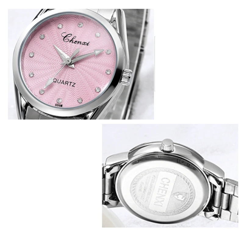 Chenxi senhoras relógio de pulso de quartzo redondo rosa strass dial marca feminina à prova dwaterproof água aço inoxidável relógio feminino vestido