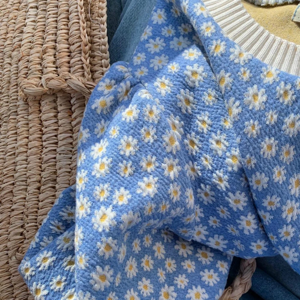 Sweet Summer Short Blue Daisy Shirt Puff Sleeve Knitted Pullovers Round Collar Tops