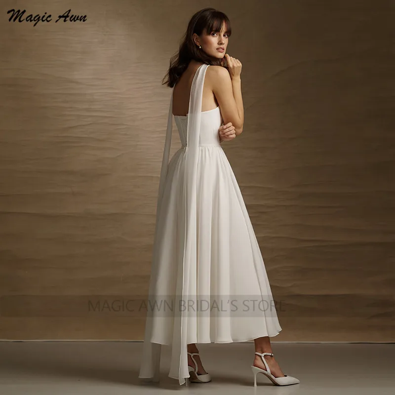 Magia awn simples chá-comprimento vestidos de casamento boho strapless chiffon curto vestidos de festa de casamento para noiva rendas-up voltar vestidos