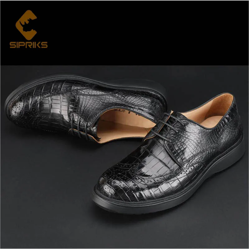 Sipriks Men's Casual Leather Shoes Real Crocodile Skin Derby Shoe Elegant Black Boss Business Leisure Shoes Wedding Party Rubber