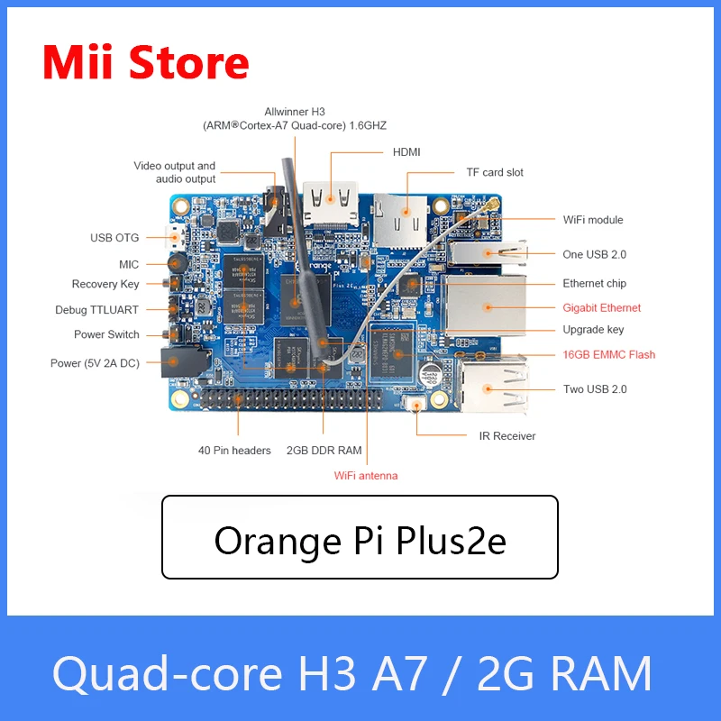 Плата макетная Orange Pi Plus2e 2 Гб H3 четырехъядерная с открытым исходным кодом Одиночная мини-плата, Поддержка Android,Ubuntu,Debian