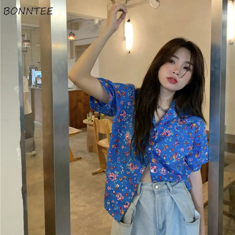 Shirts Women Floral Summer Fashion Elegant Retro Casual Korean Style Holiday All-match Chic Streetwear College Female Tops Soft