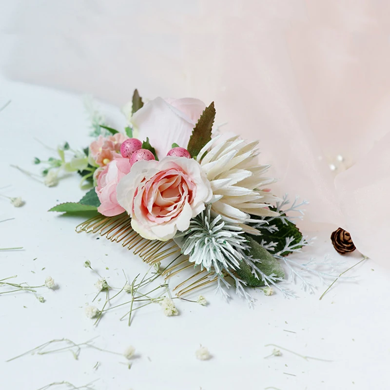 Pente de cabelo para madrinhas, acessórios de casamento placa plugue de cabelo pente artesanal de pano simulação de flor cabeça de cabelo pente de praia palha chapéu decoração