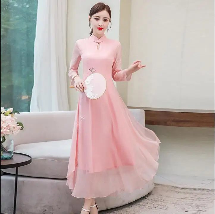 

Summer Dress Cheongsam Ao Dai Vietnam Women Pink Chiffon Oriental Young Chipao