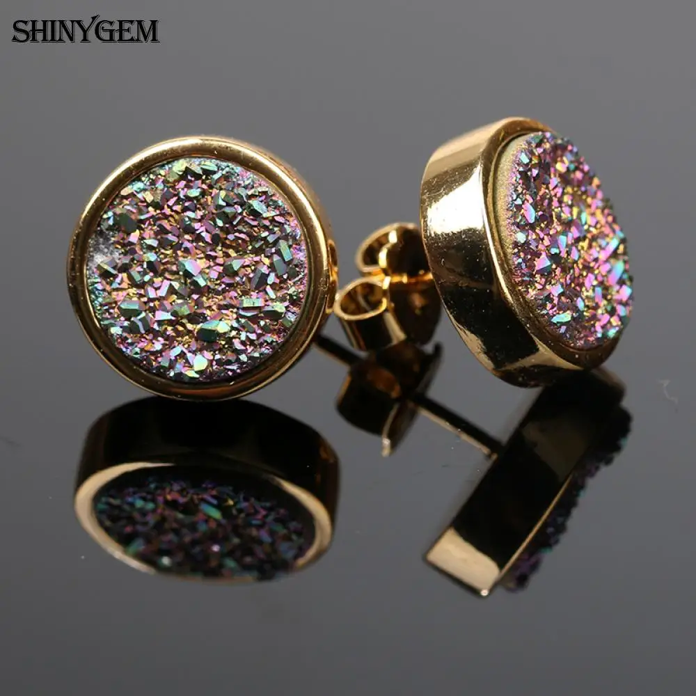 2024 Trendy Women 10mm Round Natural Crystals Druzy Stone Studs Fashion Rainbow Geode Gold Plating Earrings Girl Jewelry