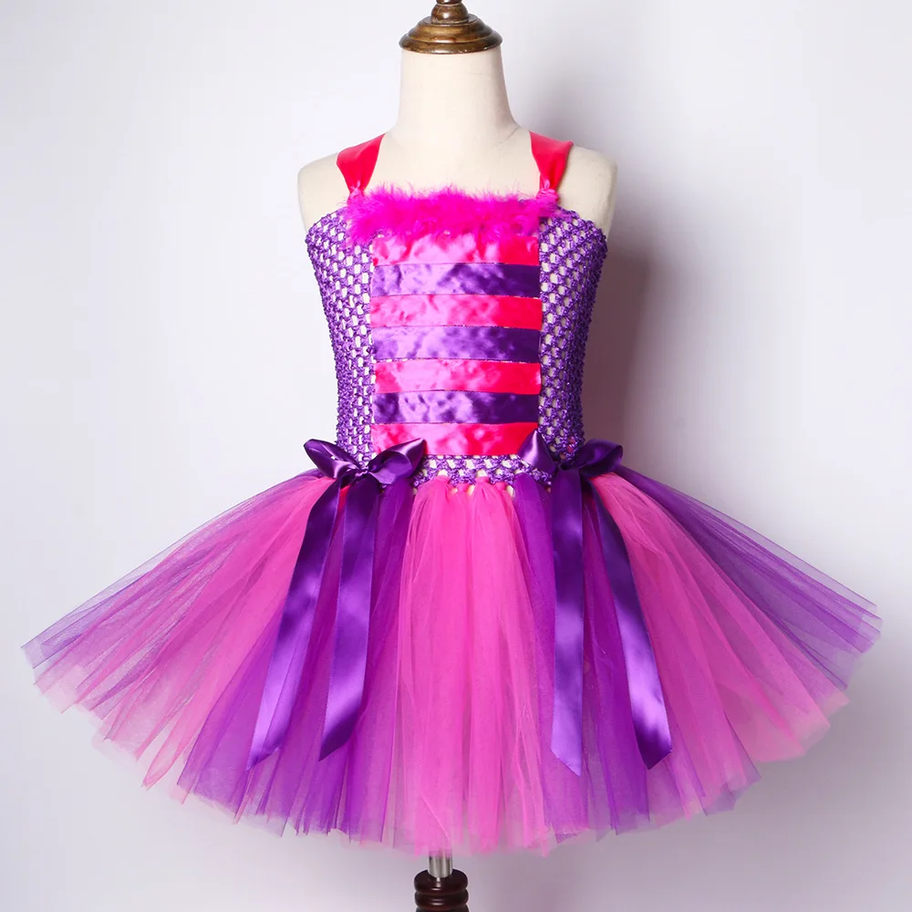 Alice In Wonderland Cheshire Cat Girls Tutu Dress Hot Pink Purple Cartoon Tulle Girls Party Dress Kids Halloween Cosplay Costume