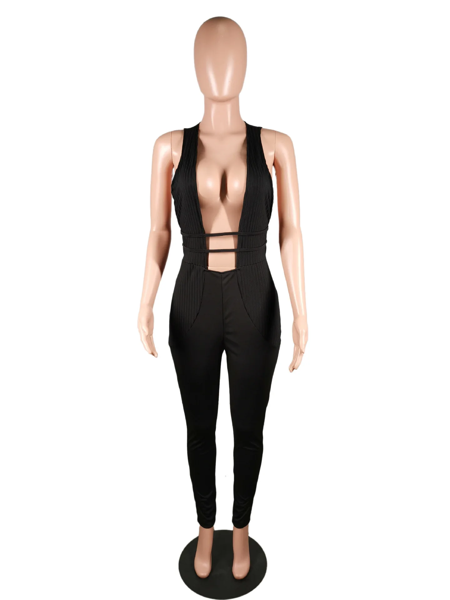 BKLD Club Outfits Women Clothing Sexy Deep V-Neck Hollow Out Sleeveless Black Bodycon Bodysuit Fitness Jumpsuit Solid Color