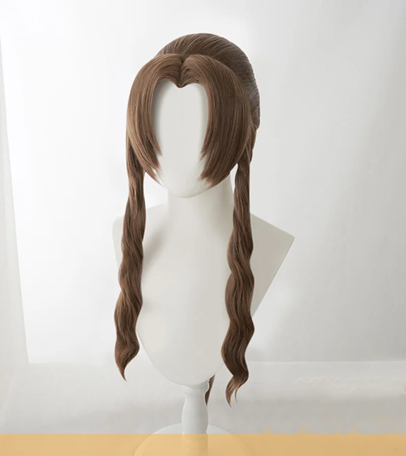 Traje cosplay cabelo sintético resistente ao calor para mulheres, Final Fantasy VII, Aerith Gainsward, perucas longas tranças marrons, boné