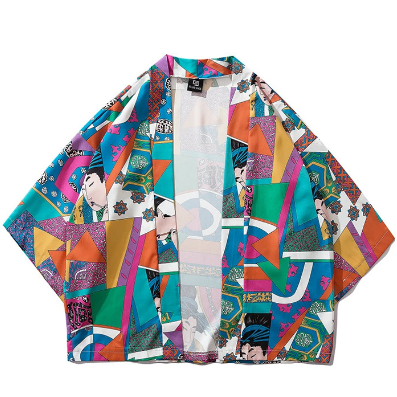 Color Block Patchwork Yukata Haori Men Japanese Kimono Cardigan Clothing Jacket Womens Ukiyoe Kimono Shirt Traditional Thin Robe