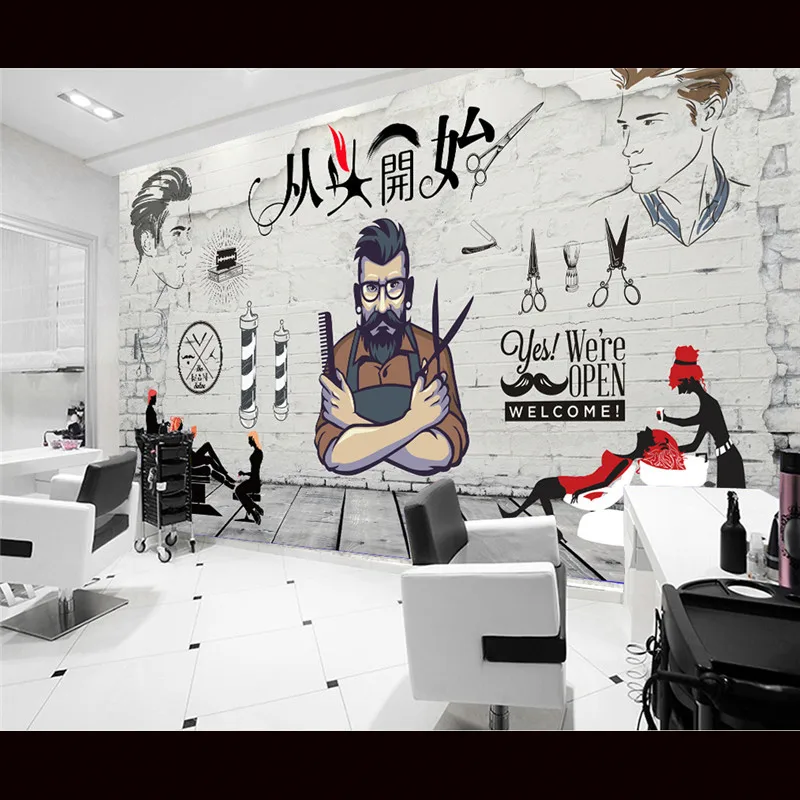 

Personalized Hair Salon Hair Cut Mural 3D Hand-painted Retro Barber Shop Background Wallpaper 3D Industrial Decor Wall Paper 3D