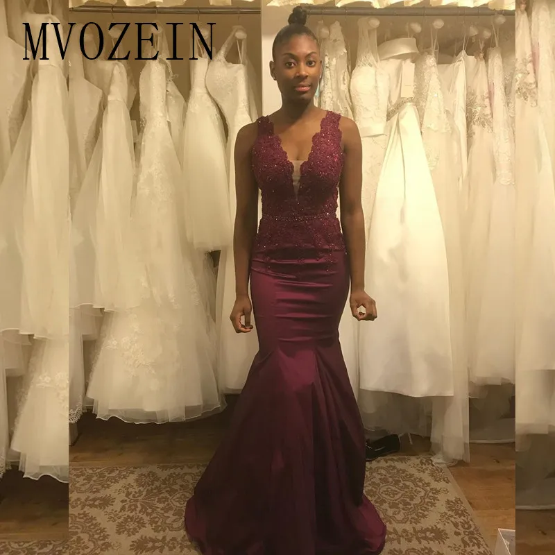 Mvozein-Robe de soirée de forme sirène, tenue de soirée de standing, col en v profond, bordeaux