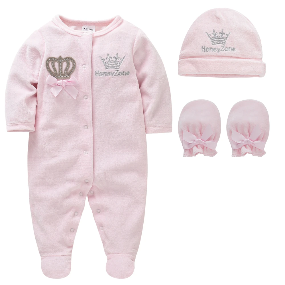 Newborn Baby Boys Girl Rompers with Hat Gloves Long Sleeve Cartoon Crown Velvet Infant Jumpsuit Overalls Toddler Onesies Outfit