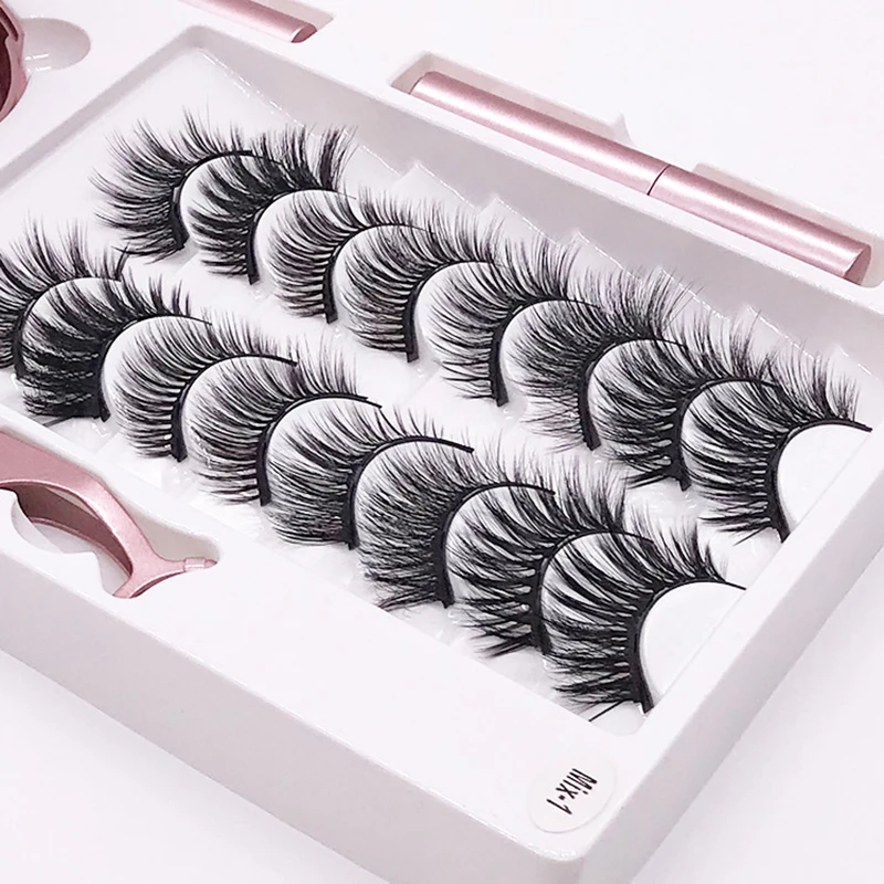 Magnetic iron stone false eyelashes, liquid eyeliner set with round box and tweezers free of glue