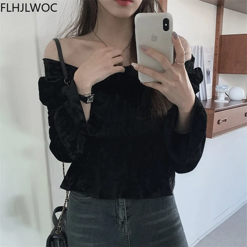 Chic Korea Cute Sweet Soft Velvet Peplum Tops Women Flare Sleeve Strapless Preppy Style Date Wear Vintage Shirt Blouse