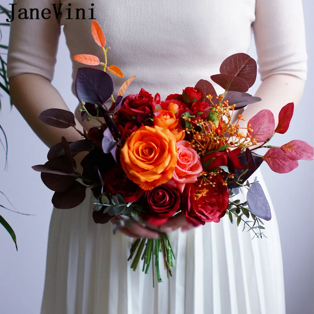 JaneVini Französisch Stil Herbst Hochzeit Brosche Bouquet Rot Orange Rose Silk Blumen Künstliche Braut Braut Bouquet ramo peonias