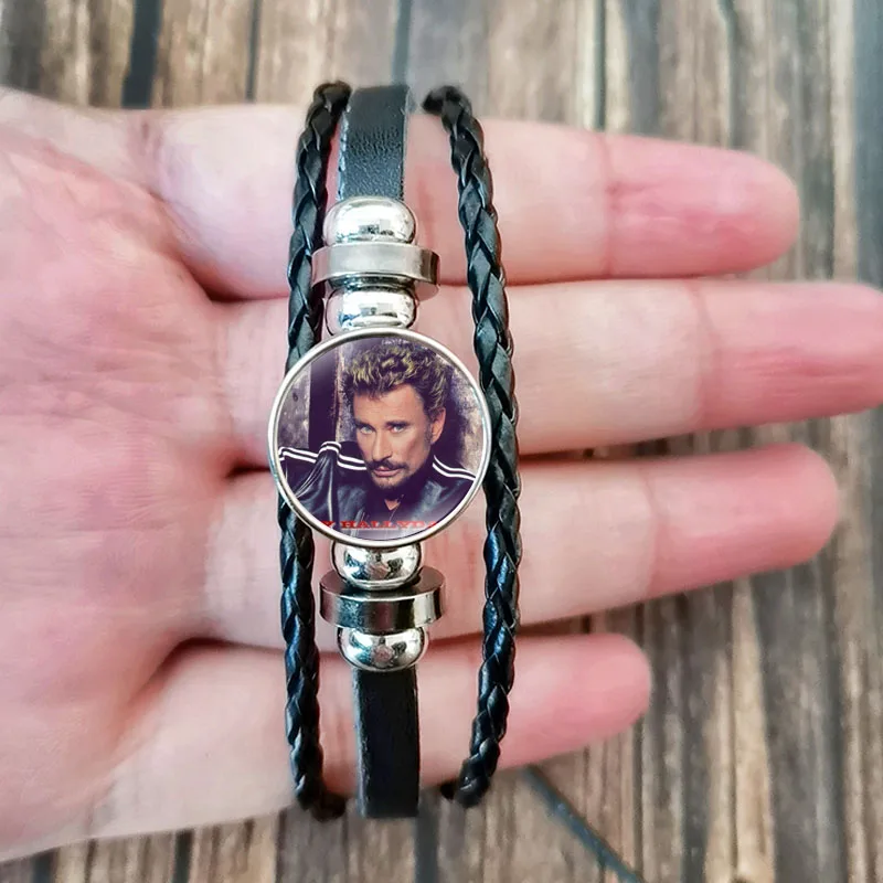 New Johnny Hallyday Leather Bracelet for Men Rock Star Art Poster Glass Button Handmade Bangles Wristband