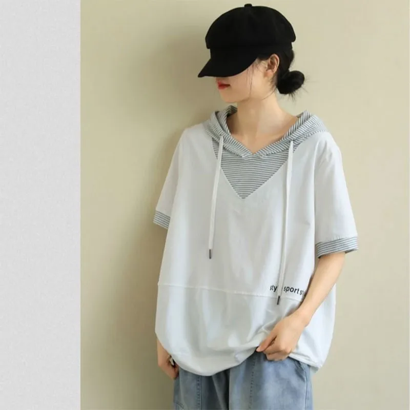 Summer New Korea Fashion Women Short Sleeve Loose T-shirt Patchwork Hooded  Casual Tee Shirt Femme Cotton Tops M459