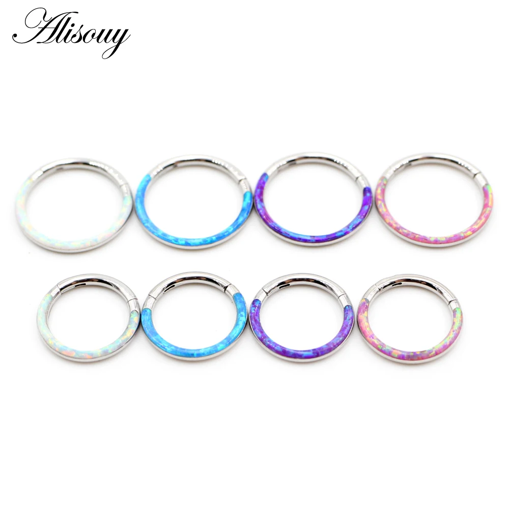 Alisouy 1pc 316L Stainless Steel 16G Twist Hinged Clicker Nose Septum Ring Opal Hoop Eyebrow Lip Ear Rings Body Piercing Jewelry