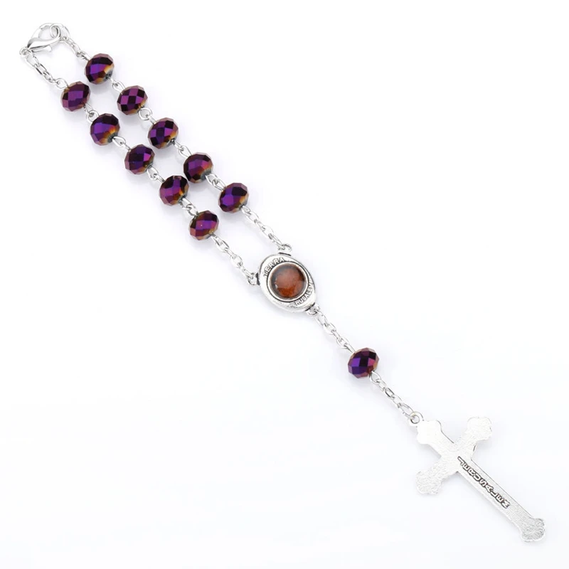 QIGO Blue Crystal Rosary Bracelet Cross Women Catholic Jewelry Gifts