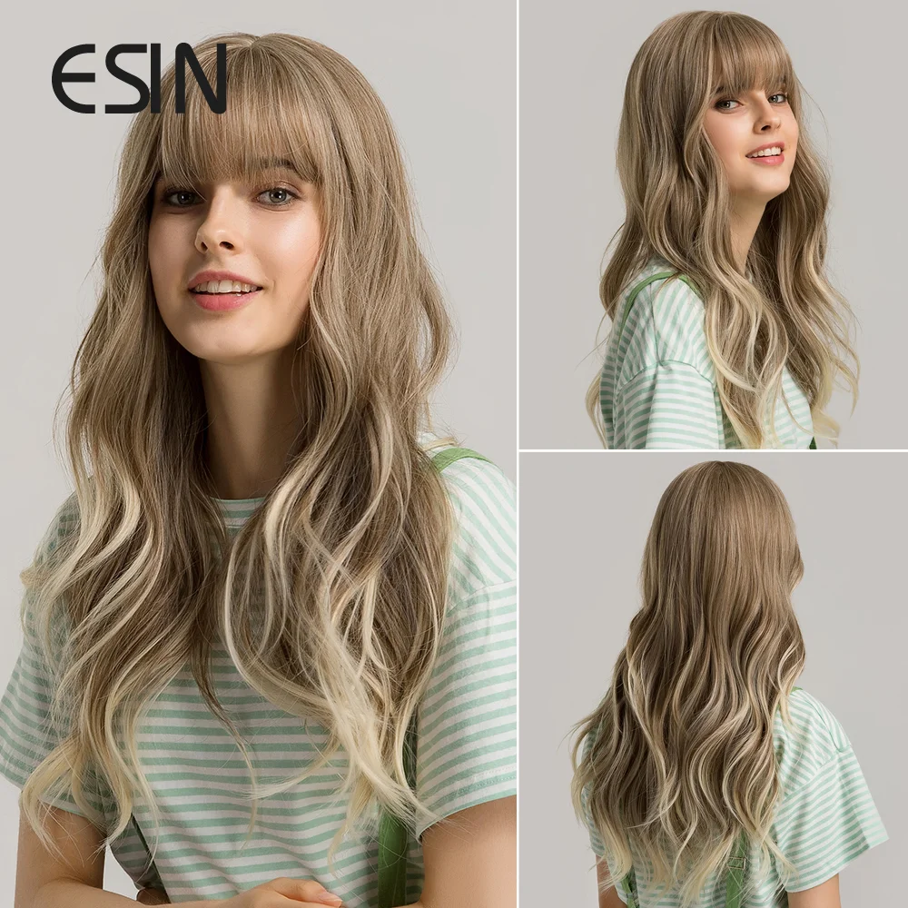 ESIN-Peluca de cabello sintético para mujer, cabellera artificial largo con flequillo, color gris y marrón degradado a rubio, resistente al calor