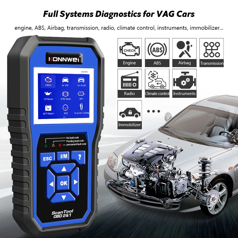 KONNWEI KW450 Code Reader Scanner for VAG Cars Full system OBD2 Diagnostic Tool ABS Airbag Oil ABS EPB DPF SRS TPMS Reset