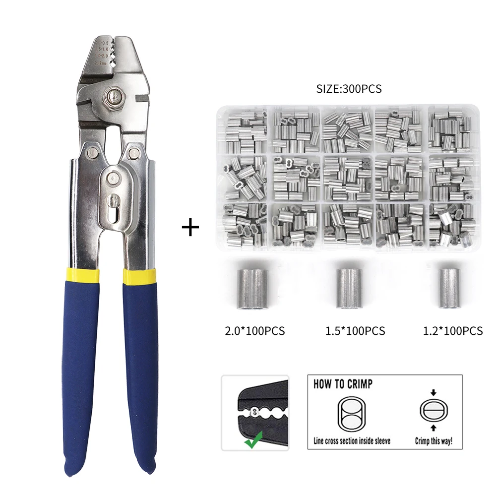 Pince de pêche en acier inoxydable, outil de sertissage de câble métallique avec 150 pièces Kit de boucle de sertissage de virole pour sertissages