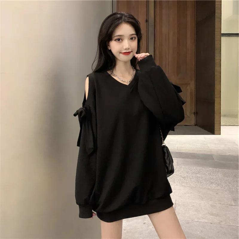 Sudaderas con hombros descubiertos para mujer, ropa de calle holgada lisa que combina con todo, cuello en V, diseño de versión coreana Vintage, novedad de otoño