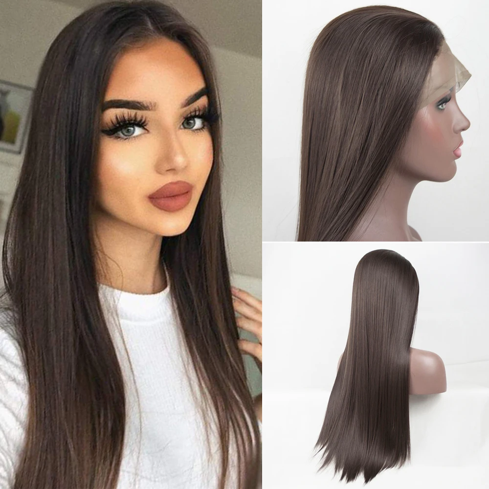 

Bombshell Dark Brown Color Straight Synthetic Lace Front Wig Heat Resistant Fiber Hair Natural Hairline Free Parting For Women