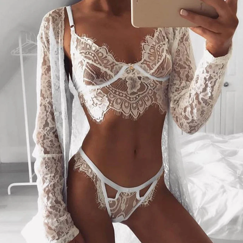 Ladies Exotic Sexy Sets Triangle Lace Push-up Padded Transparent Bra And Panties Set Femme Underwear Set Women Lingerie Set