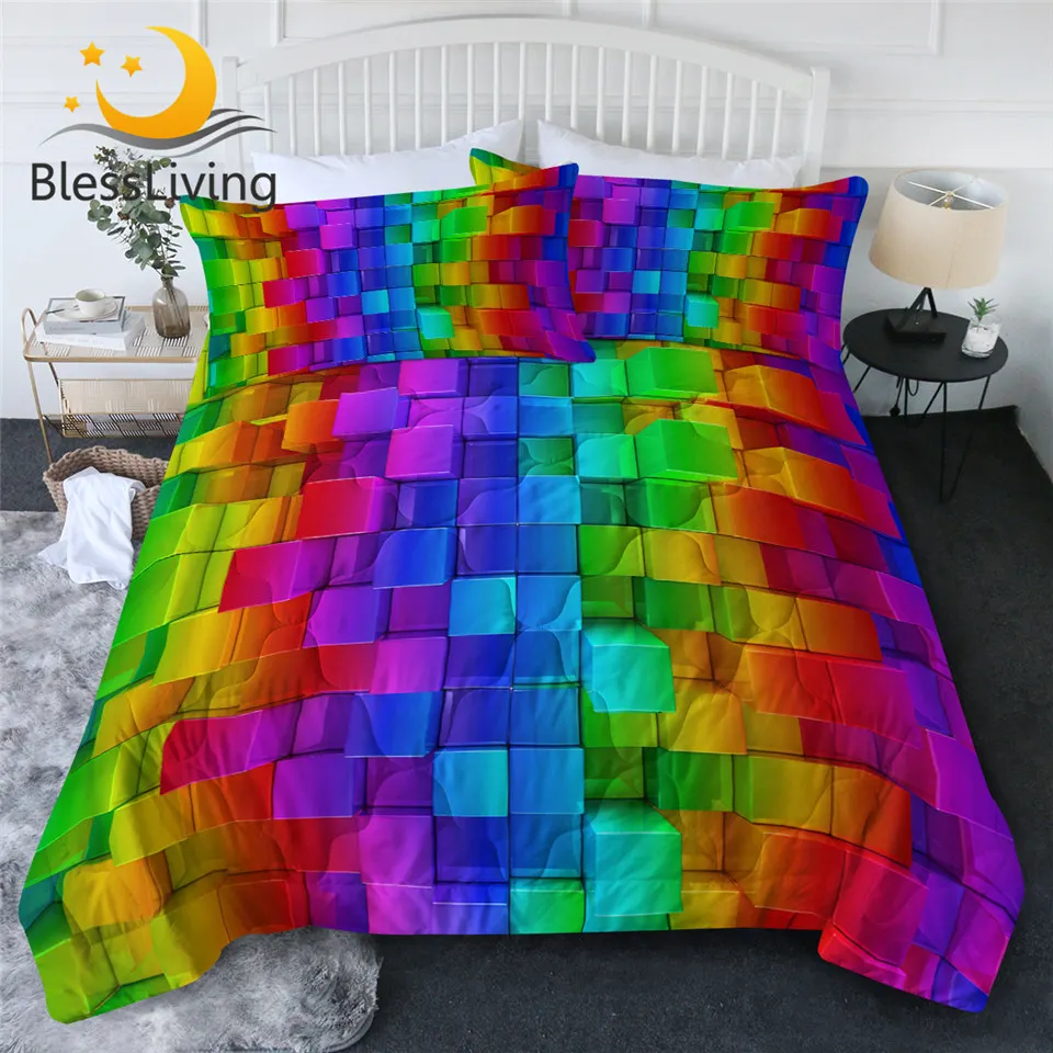 

BlessLiving Blocks Comforter Set Colorful Bedding Cover Set Building Bricks Thin Duvet Geometric Bedspread Realistic Home Decor