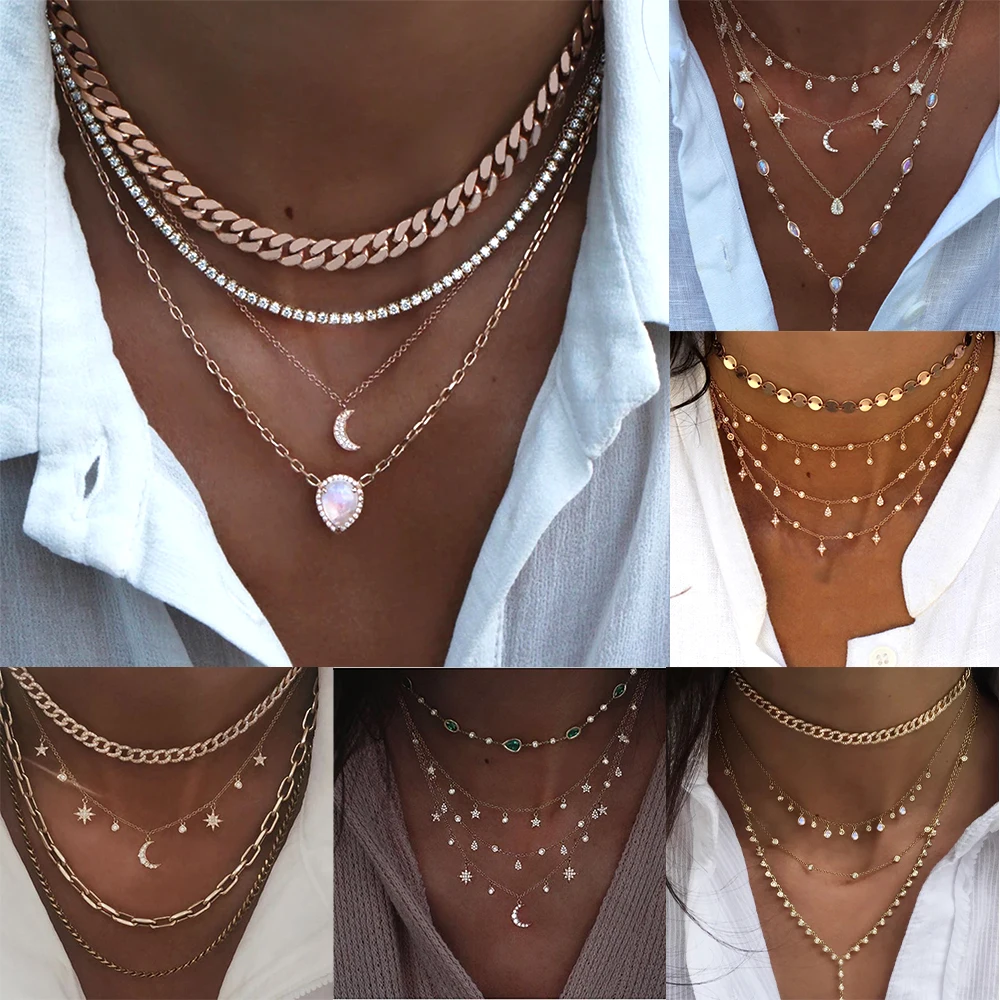 Boho New Vintage Fashion Multilevel Necklaces For Women Crystal Heart Star Sun Moon Geometry Pendant Necklace Female  Jewelry