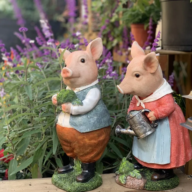 

Pastoral Cartoon Pig Resin Statue Accessories Outdoor Garden Groceries Figurines Crafts Courtyard Balcony Ornaments Decoration