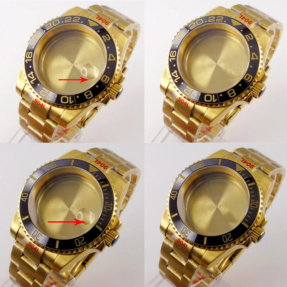 40MM Gold Plated Watch Case Sapphire Glass Solid Back Fit for MIYOTA 8215 ETA 2836 NH35A NH36A Movement Unidirectional Bezel