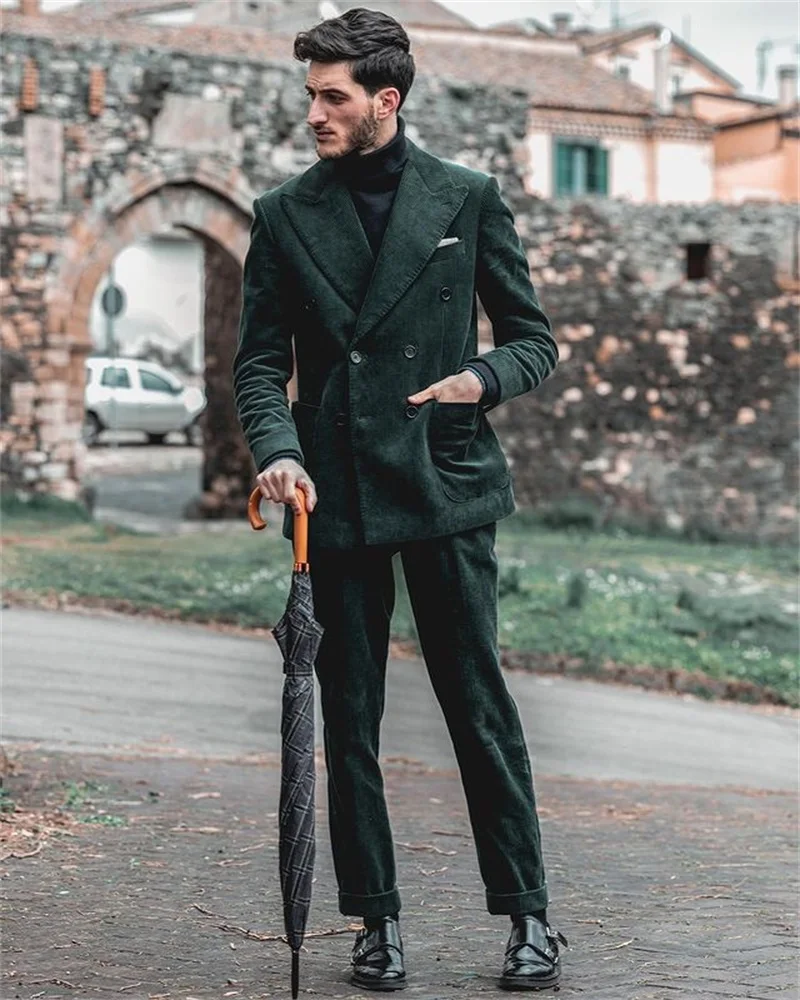 (Jacket+Pants) Mens Suit Dark Green Corduroy 2 Piece Wedding Suit Designed Formal Prom Evening Blazer Male Clothing Custom Made