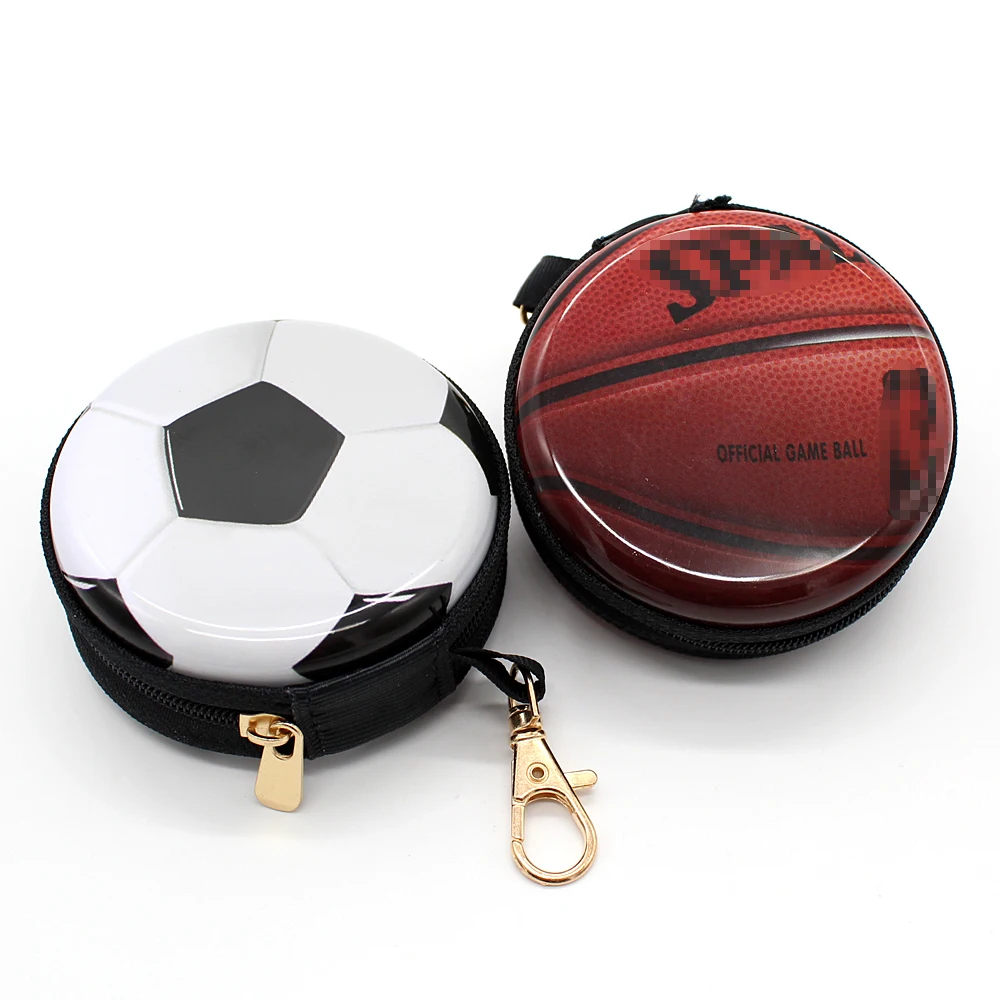 Tin Coin Purse Basketball Football Pattern Men Round Earphone Box Mini Zipper Wallet Key Case Small Gifts for Children Coin Bag