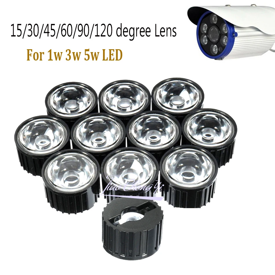 10pcs 5/8/15/25/30/45/60/90/120 degrees LED Lens With Black Holder For 1W 3W 5W High Power LED Lamp Light