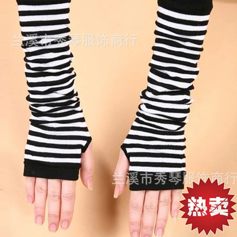 New Fashion Long Glove Arm Cover Classic Black and White Striped Fingerless Cotton Long Wristband