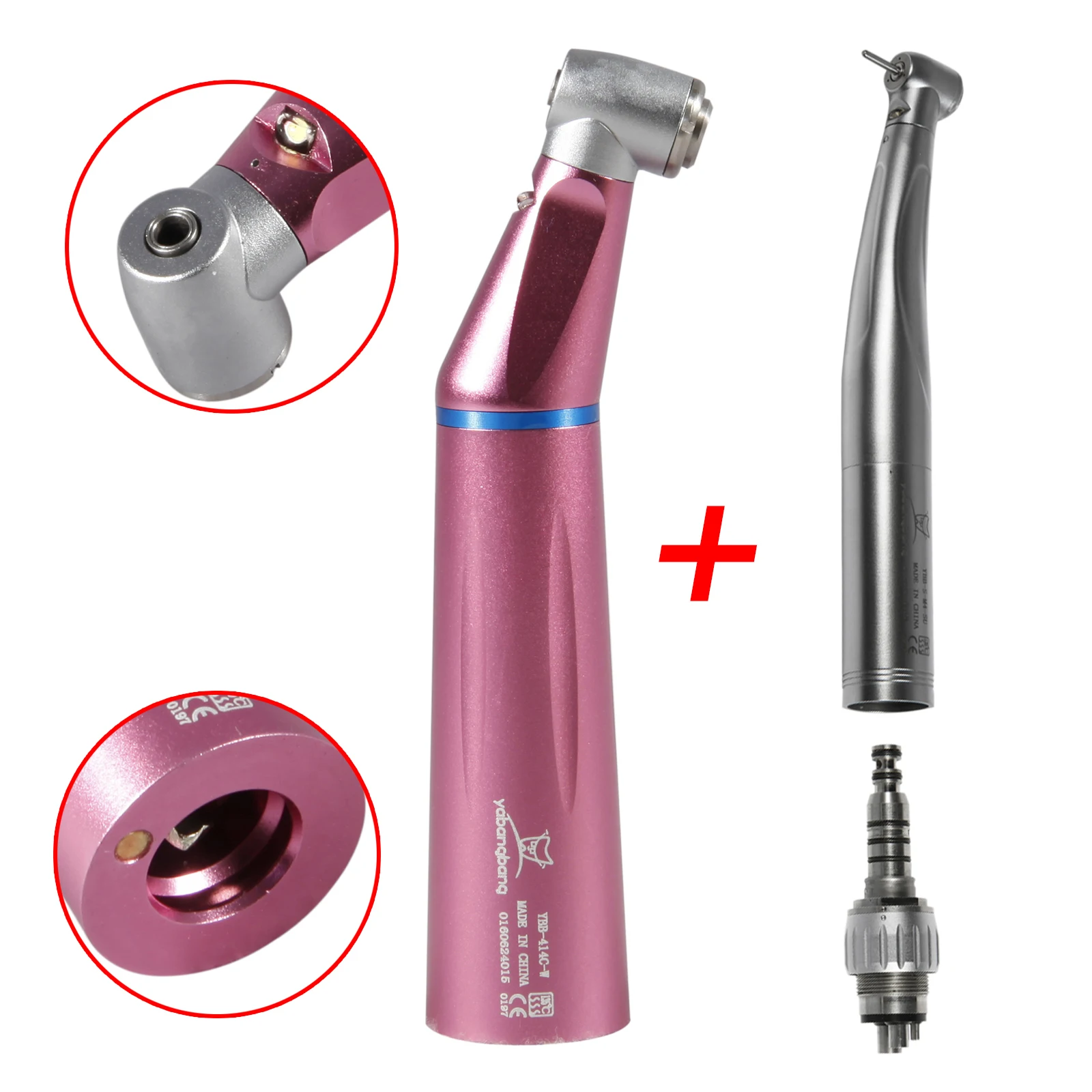 KAVO style Dental LED E-type Contra Angle Slow Speed Inner Water Spray Pink+4 Hole E-generator 3 Water Spray With 4 Hole Coupler