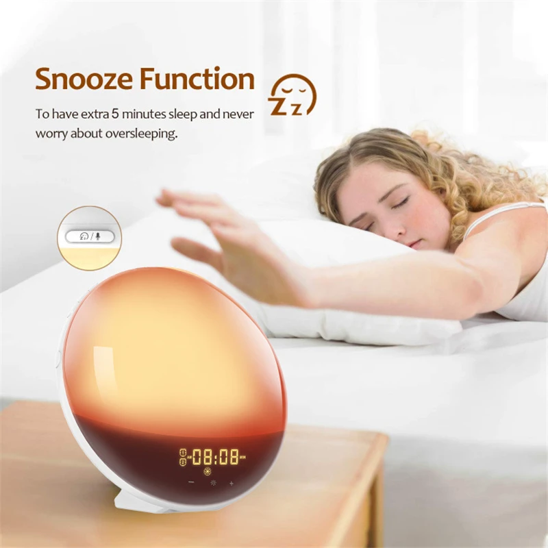 ธรรมชาติ Wake Up Light Snooze นาฬิกาดิจิตอลนาฬิกาปลุกจำลอง Sunrise & Sleep Aid ห้องนอนที่มีสีสันข้างโคมไฟกลางคืน FM วิทยุ