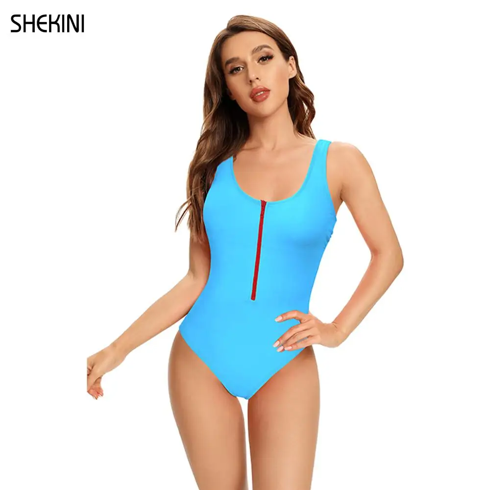 SHEKINI Women\'s Zipper Front Low Back High Cut One Piece Swimsuit Bathing Suit No Padding Bra Swimwear 2021 Beach Clothes