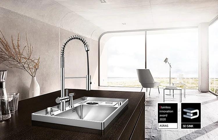 Handmade Kitchen Sink Set com Dual-Mode Pullout Faucet, 3D circundante, Cup Rinser, SUS304 aço inoxidável, ASRAS-8549X