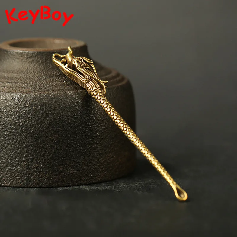 Brass Dragon Head Ear Pick Keychain Pendant Accessories Vintage Chinese Copper Earpick Cleaners Keyrings Hangings Jewelry Gifts