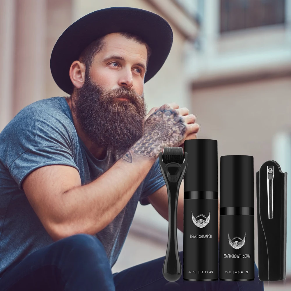 4pcs/Set Beard Growth Oil For Men Beard Growth Serum Roller Comb Kit False Mustache Hair Growth Set Beard Spray Beard Care Kit