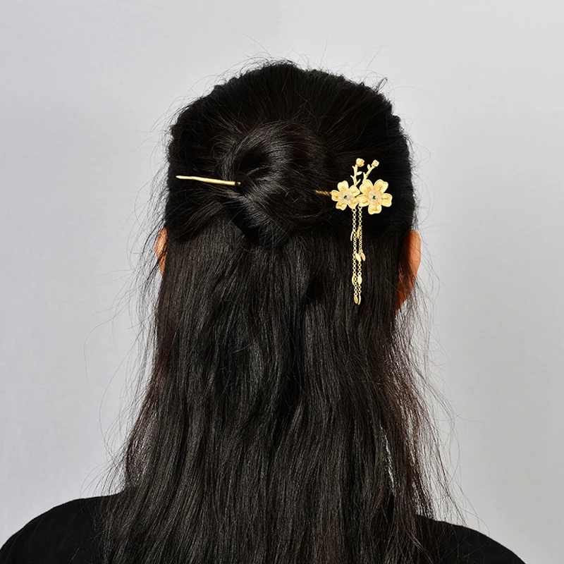 MIQIAO New Cherry Blossom Hair Accesories Sticks 925 Sterling Silver Golden Hanfu Women Jewelry Female Wedding For Tying Hair